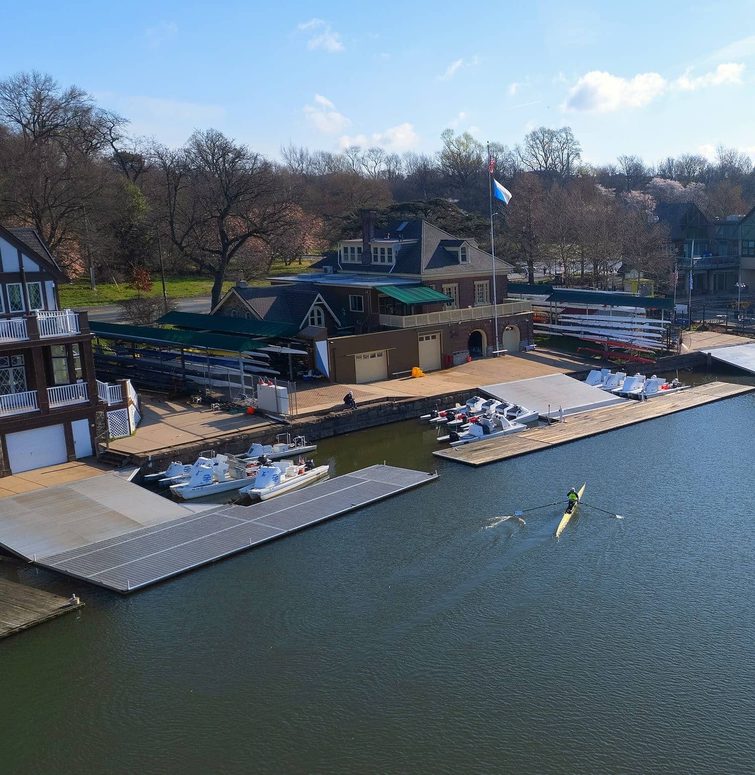 Boathouse Row and the Fairmount boathouse from above the Schuylkill River
