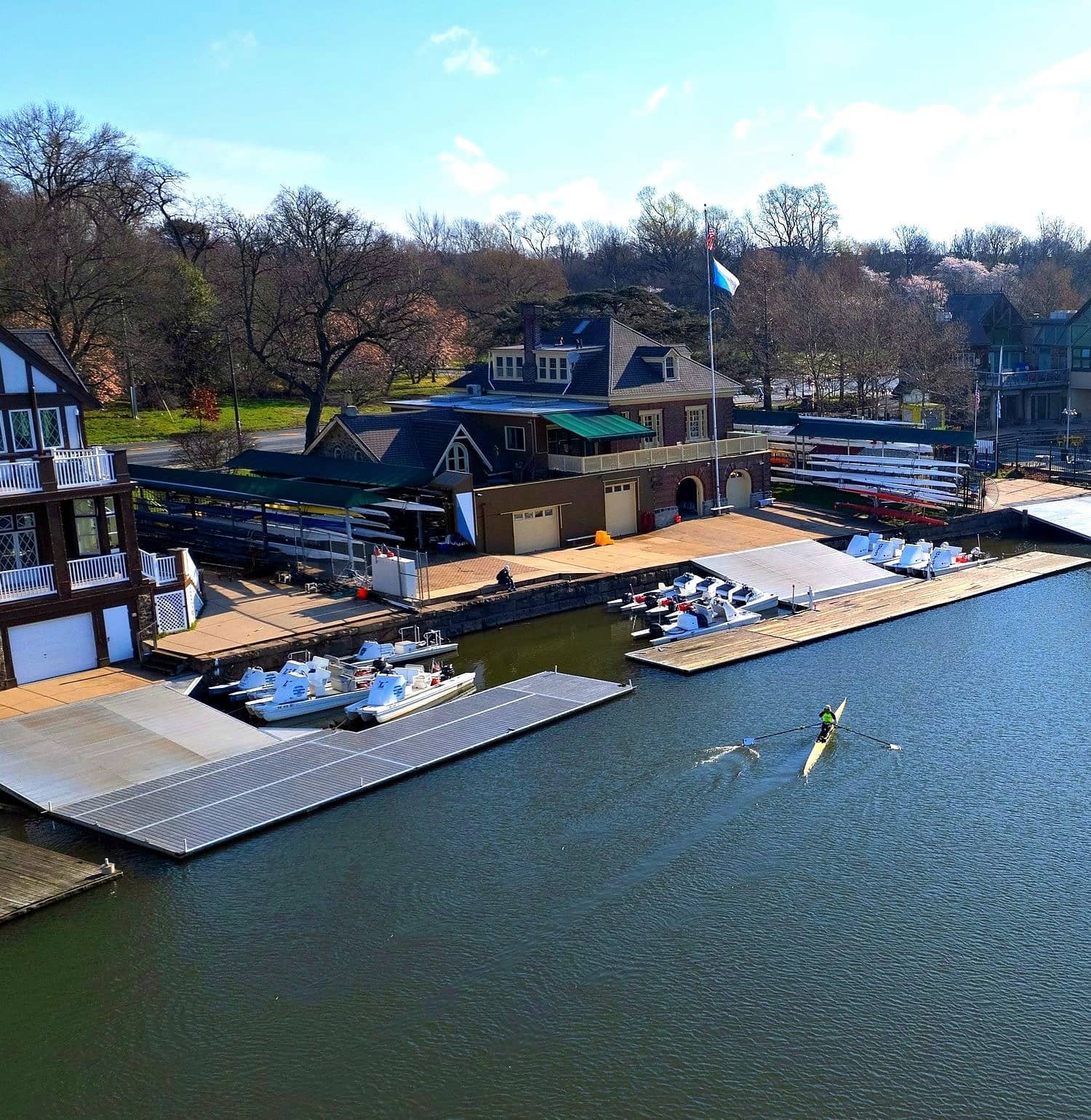 Boathouse Row and the Fairmount boathouse from above the Schuylkill River