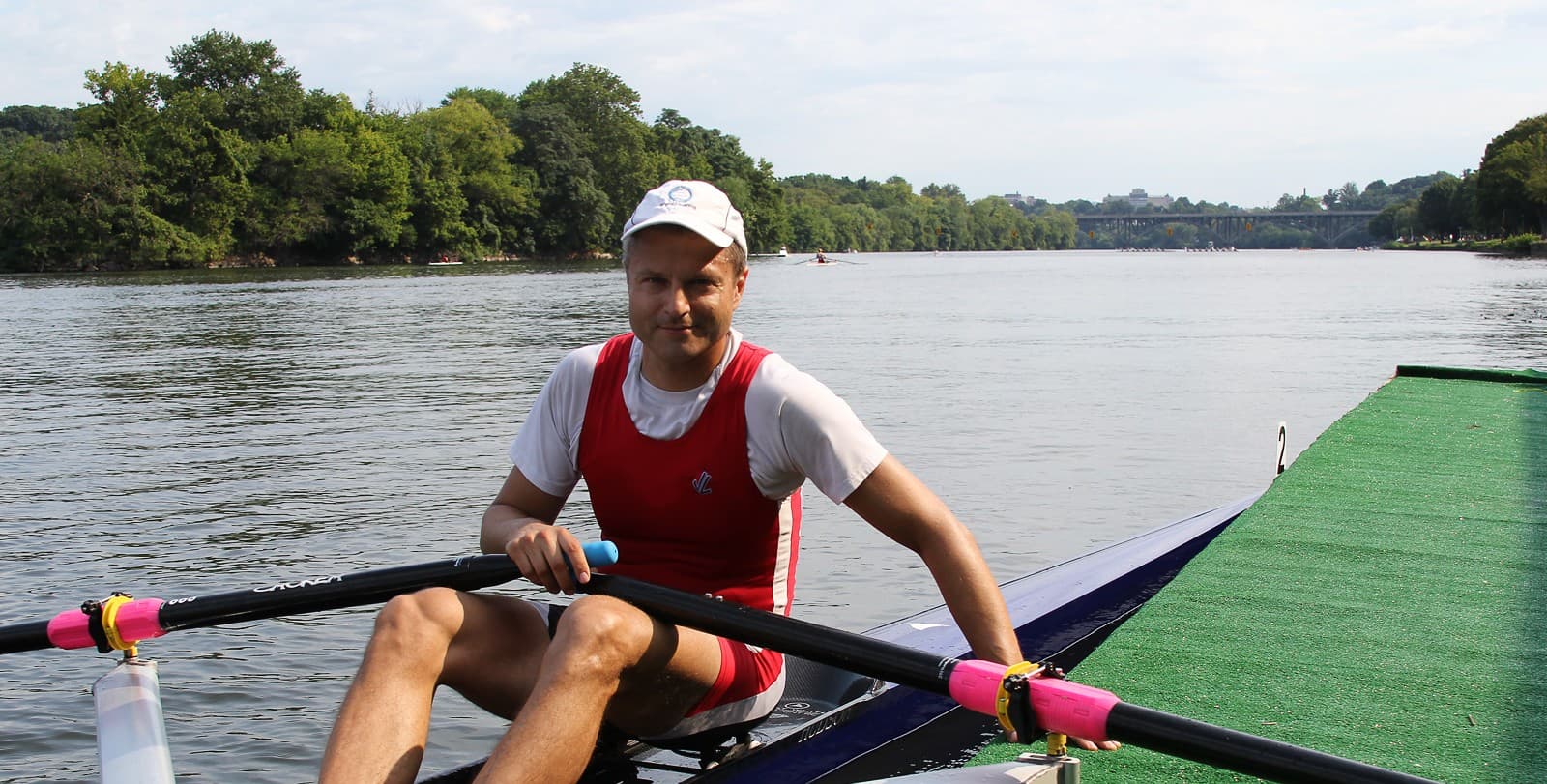 A sculler at the dock at the 2015 Quaker City Masters Regatta