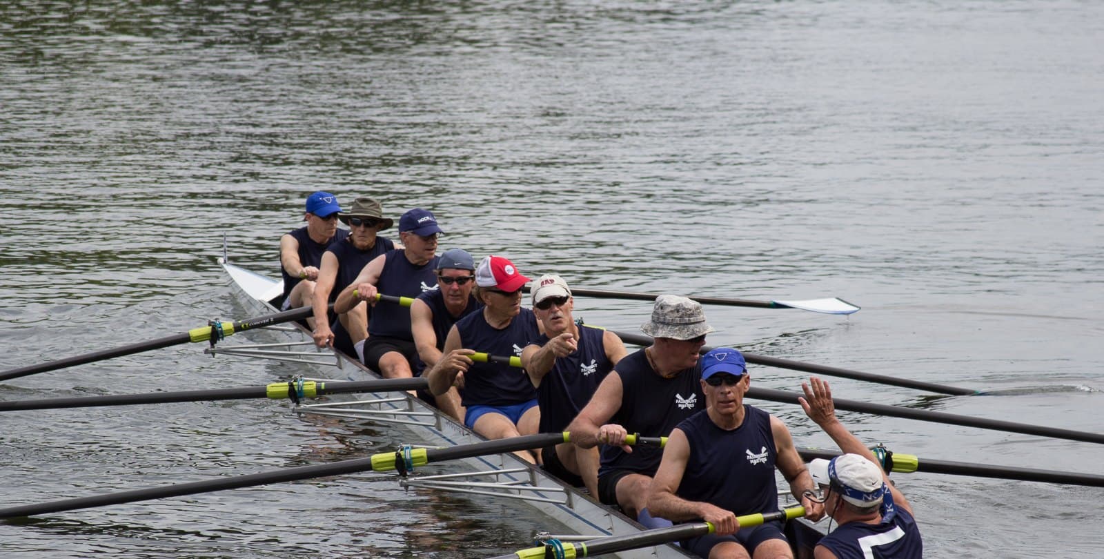 A Masters eight racing on the Schuylkill