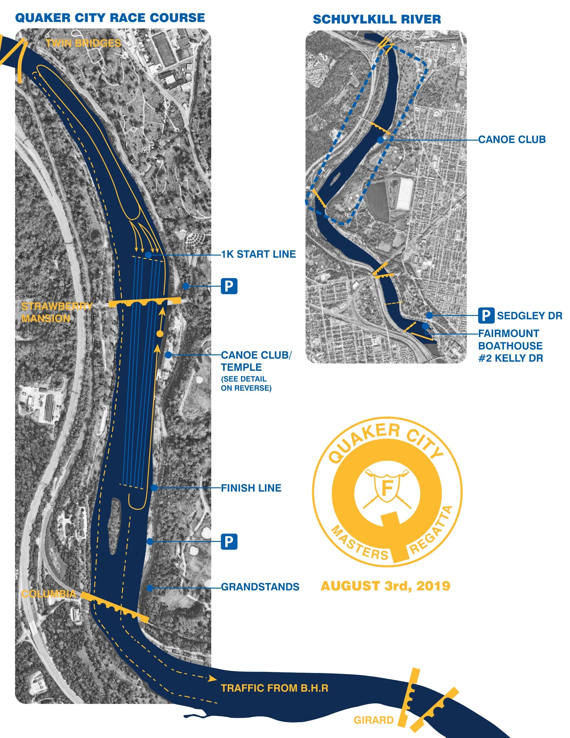 Map of the Quaker City race course on the Schuylkill River; every point on it is listed beside the map.
