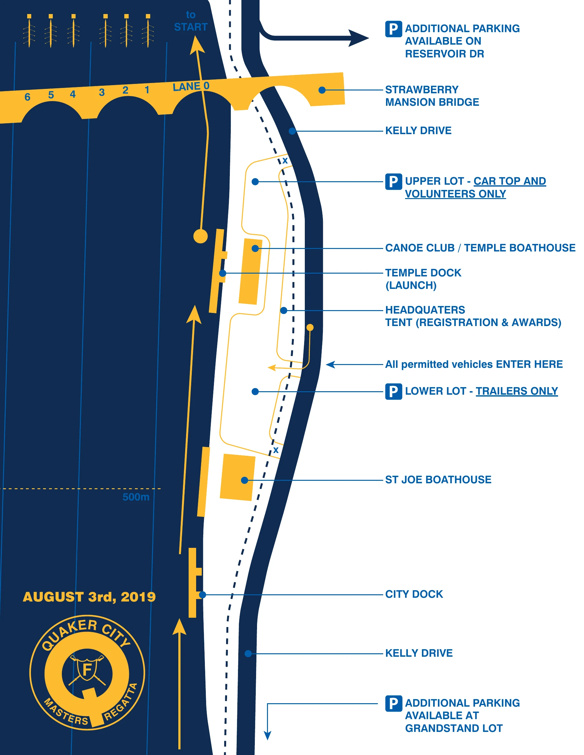 Detail map of launch, registration and parking at the Canoe Club and Temple boathouse; every point on it is listed beside the map.