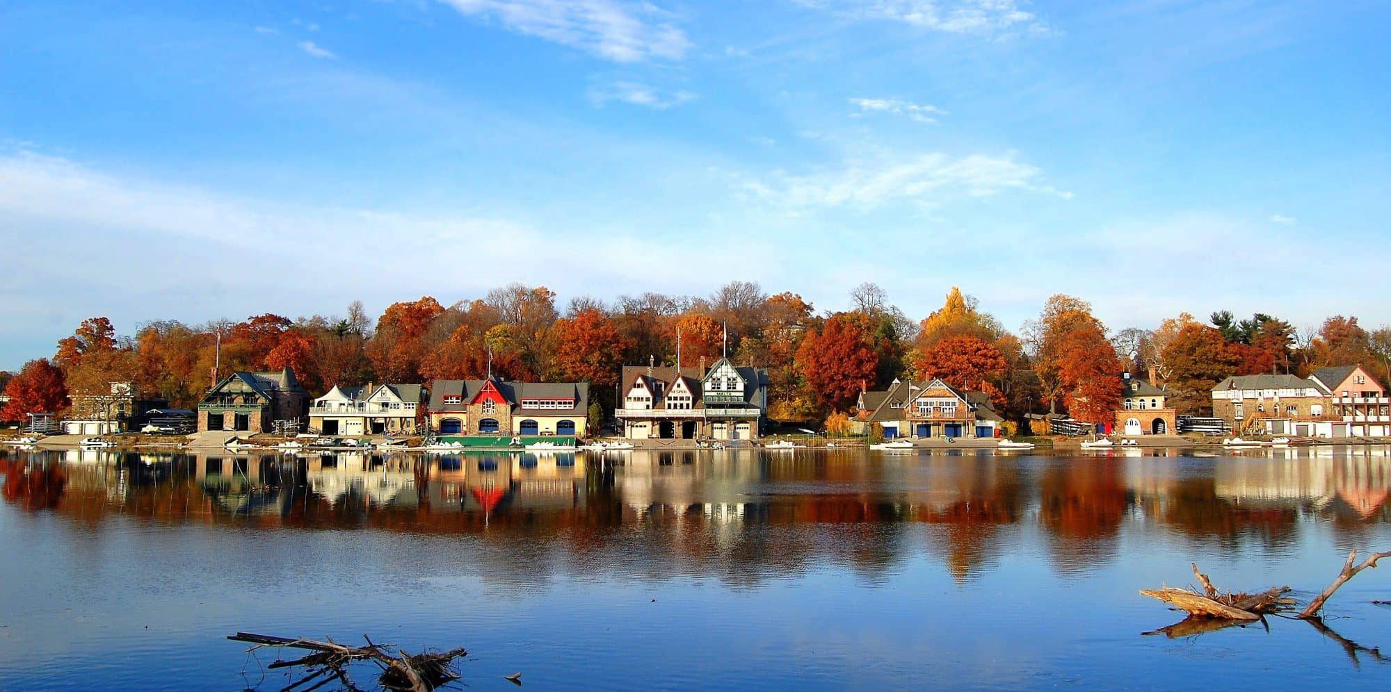 Boathouse Row in autumn, reflected in the Schuylkill